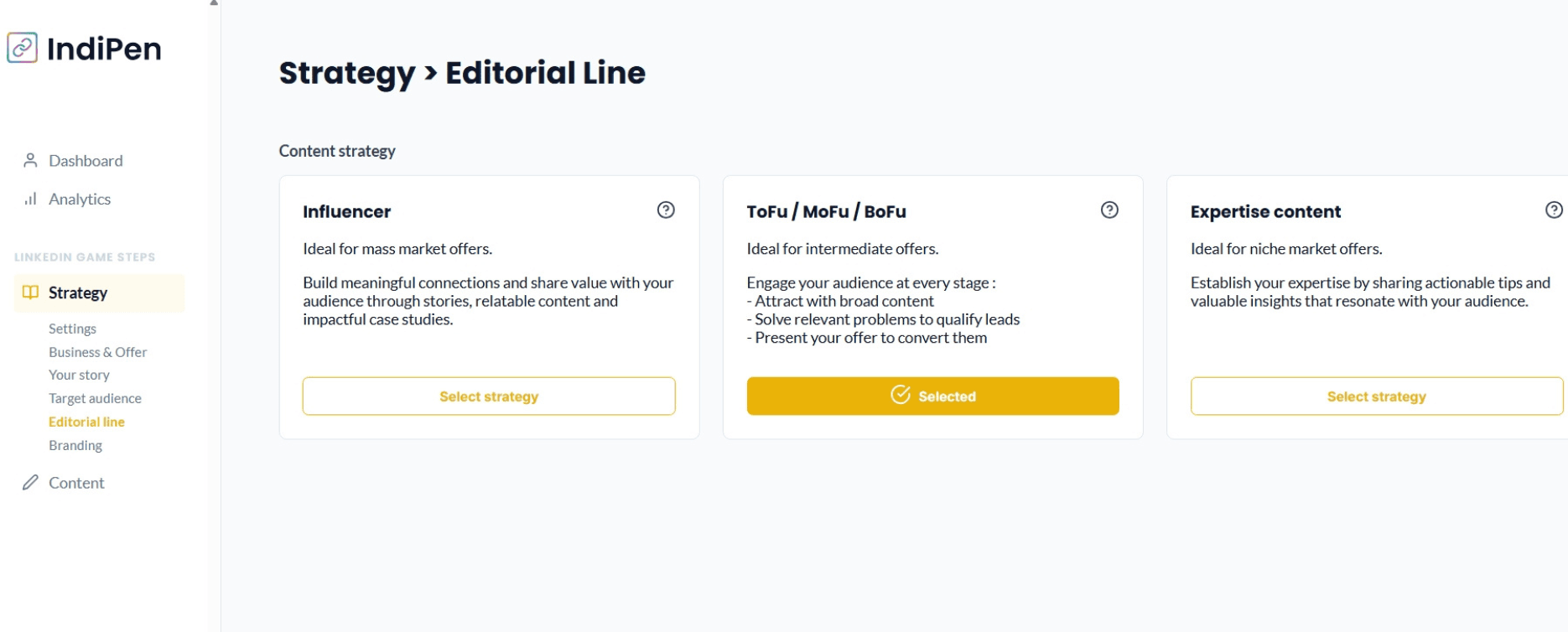 Description of IndiPen’s interface: choose your editorial strategy, influence approach, ToFu/MoFu/BoFu, or expert content.