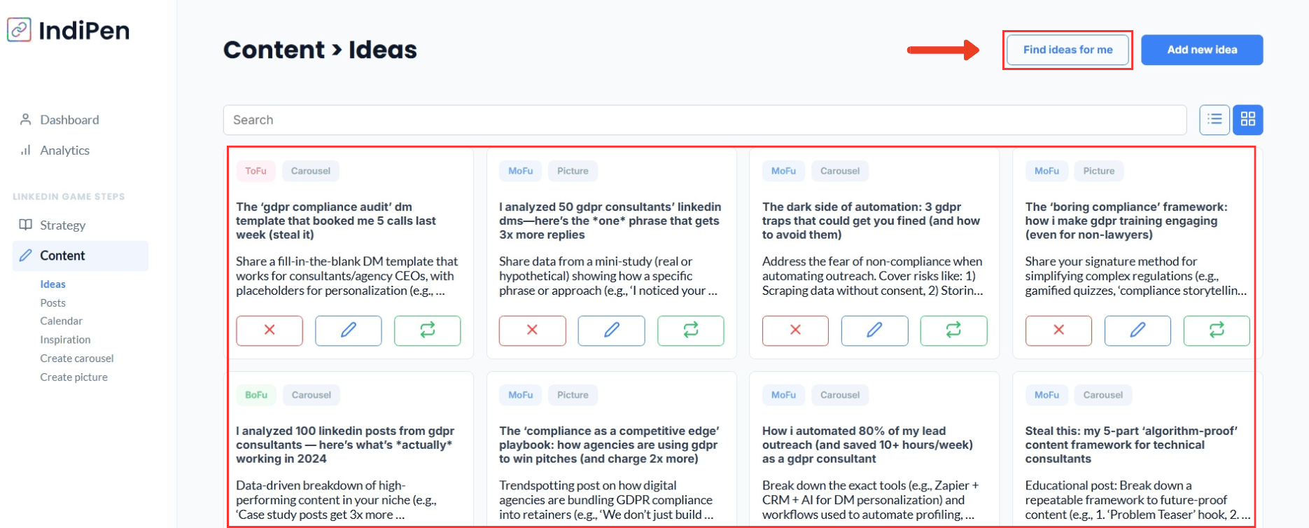 Description of IndiPen’s interface: manage all your content ideas and generate new ones.