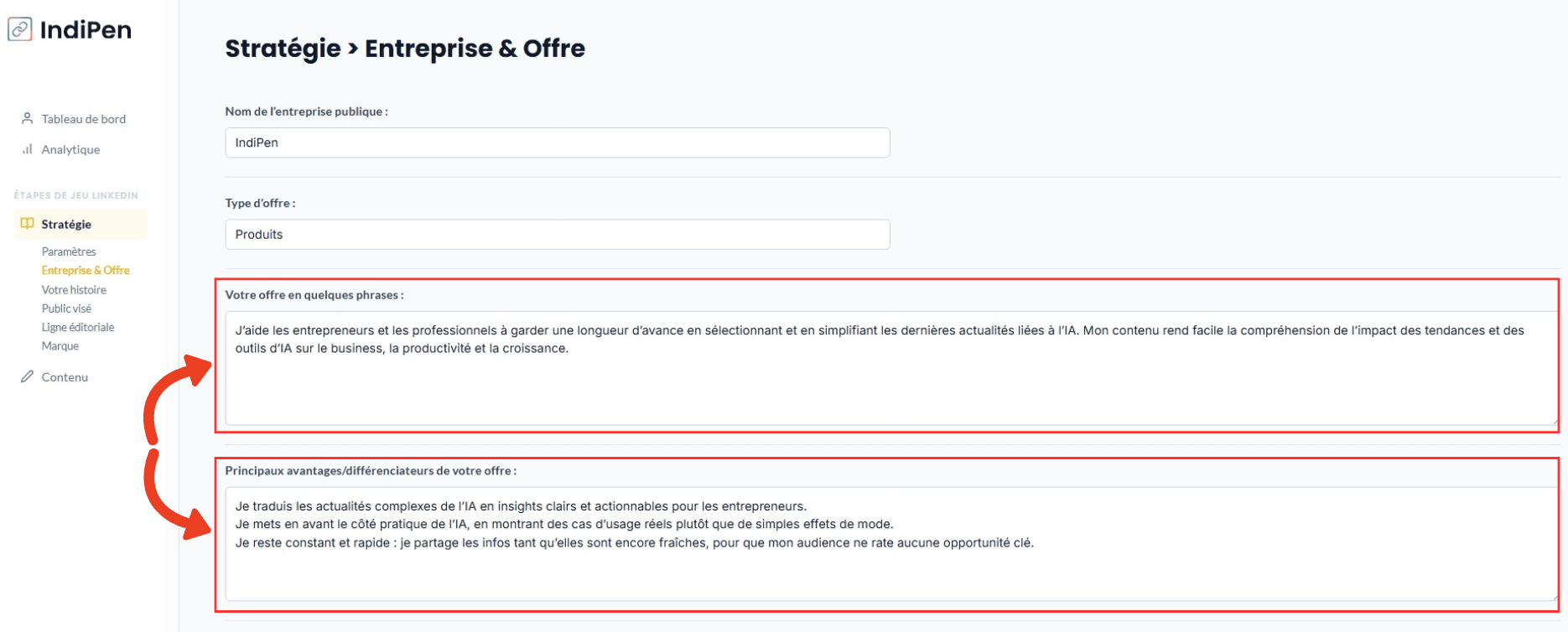 Description de l'interface d’IndiPen : décris ton offre et ses principaux avantages.