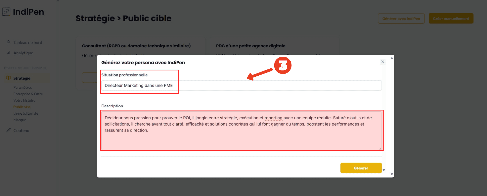 Description de l'interface d’IndiPen : décris le persona à générer et donne-lui une brève description.