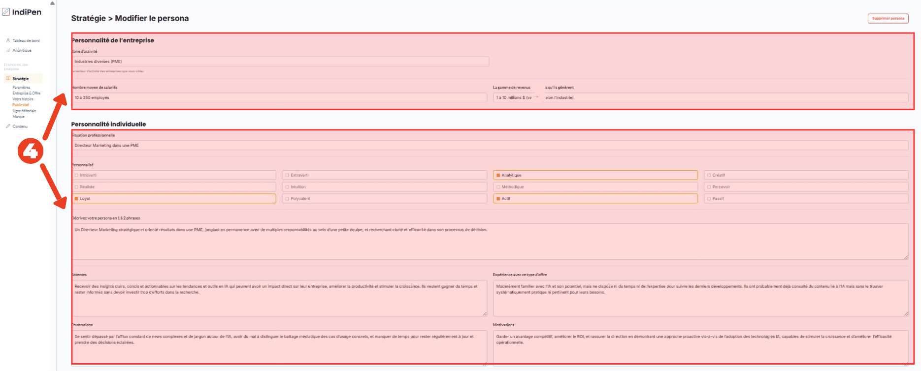 Description de l'interface d’IndiPen : relis l’ensemble de la fiche persona, c’est-à-dire le type d’entreprise et le décideur au sein de cette entreprise.