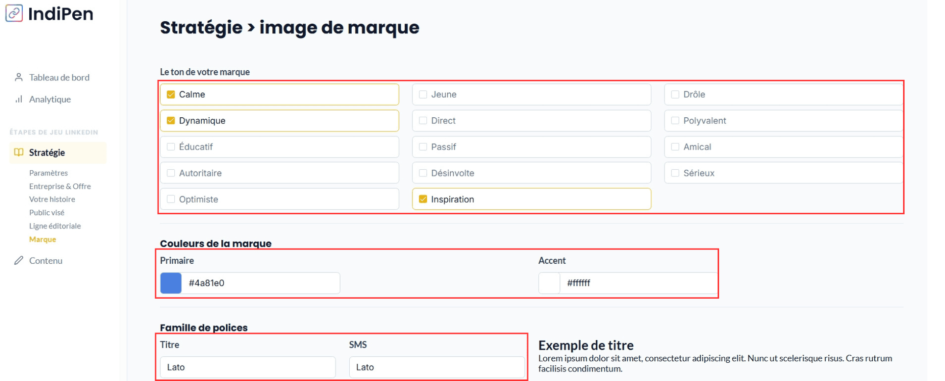 Description de l'interface d’IndiPen : définis ton ton de marque, ton identité visuelle et ta police d’écriture.
