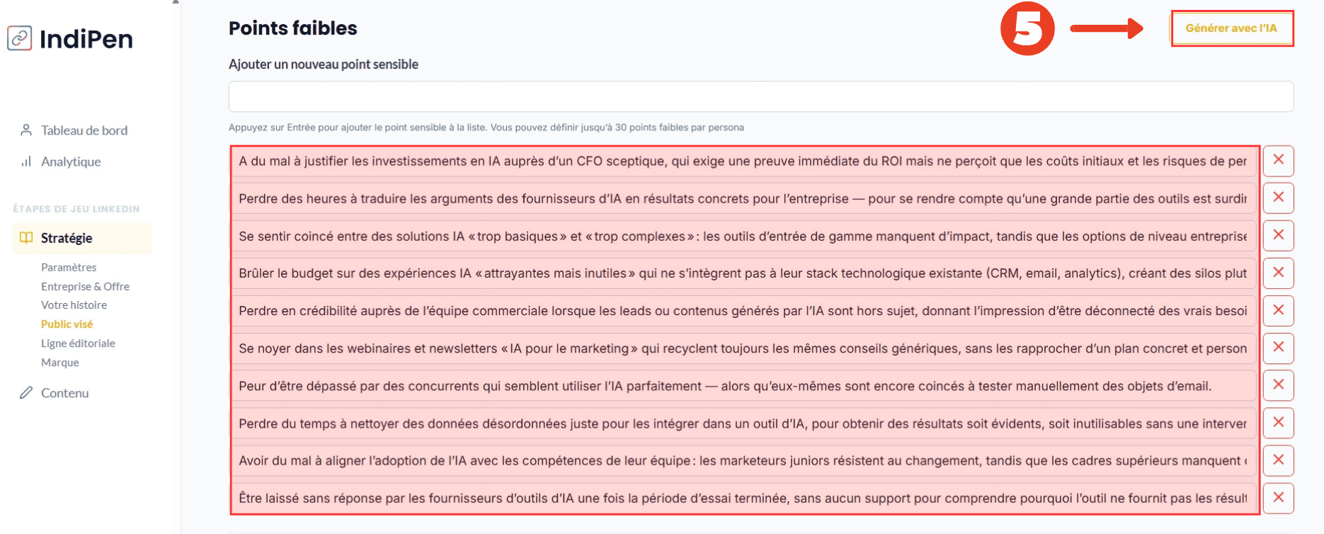 Description de l'interface d’IndiPen : relis les problématiques de tes prospects.