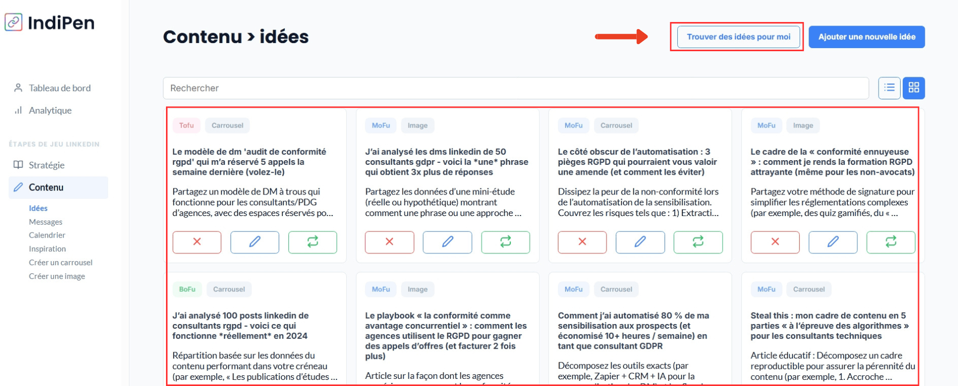 Description de l'interface d’IndiPen : gère toutes tes idées de contenu et génère de nouvelles idées.
