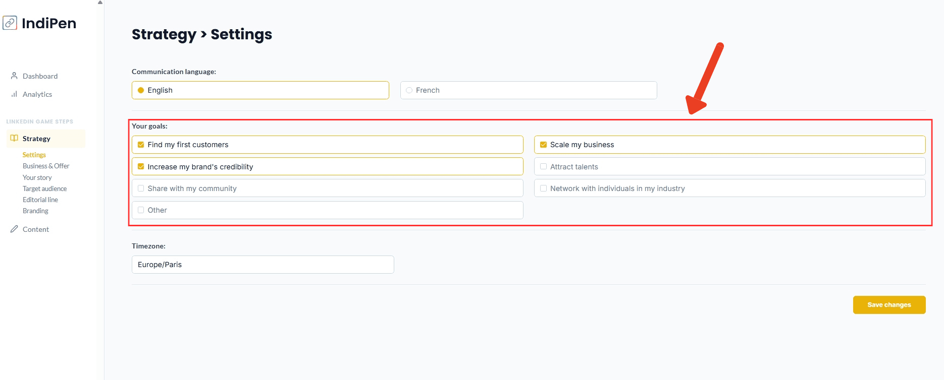 Description of IndiPen’s interface: choose your publishing language, goals, and time zone.