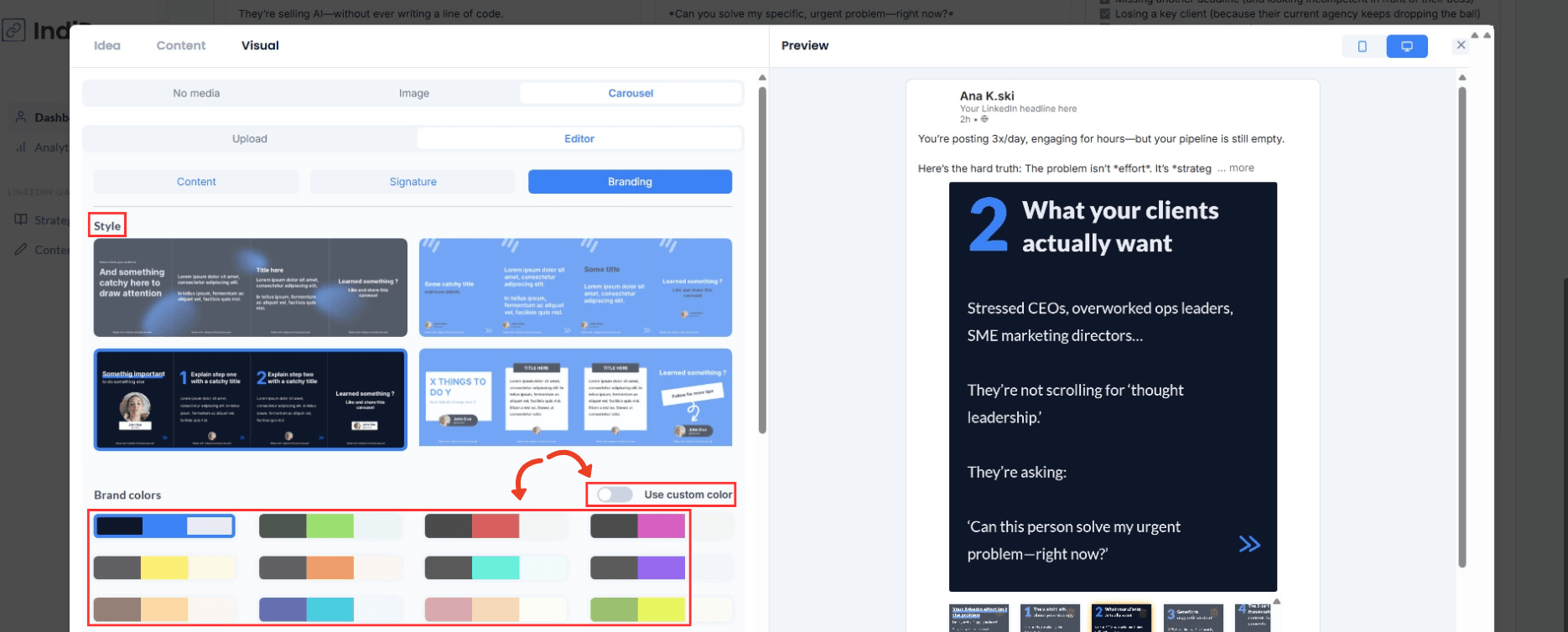 Description of IndiPen’s interface: when creating your visuals, adjust the details of your branding.
