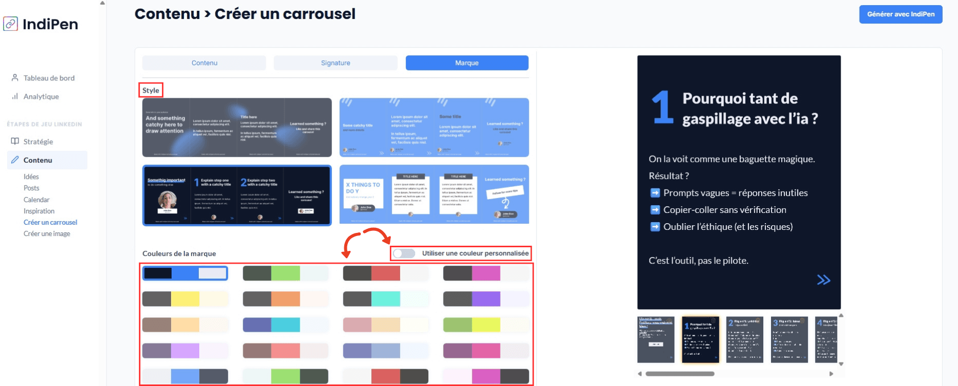 Description de l'interface d’IndiPen : lors de la création de tes visuels, ajuste les détails de ton branding.
