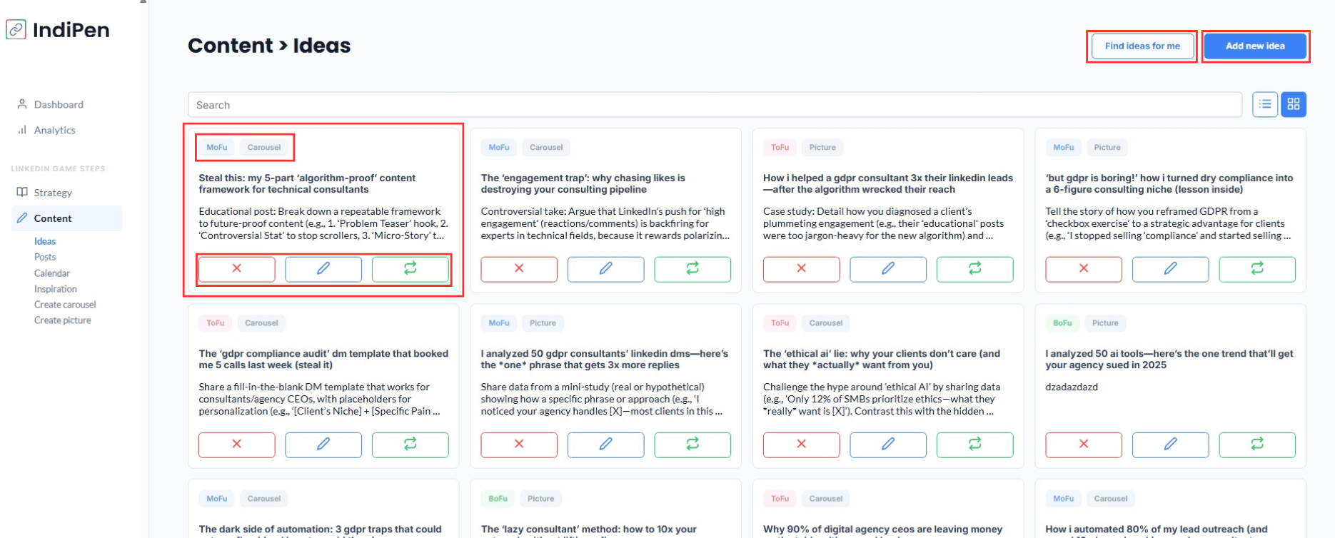 Description of the IndiPen software interface: choosing content ideas, generating ideas automatically with IndiPen, or writing your own content ideas.