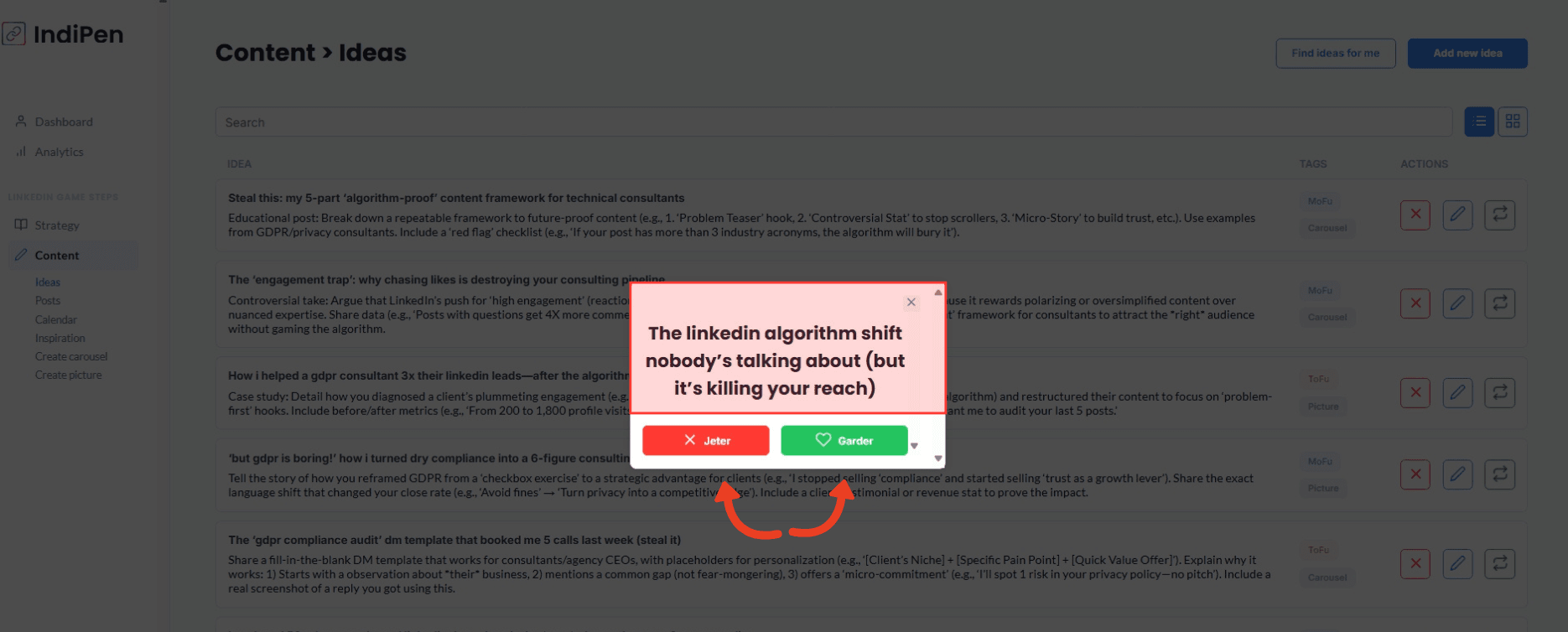 Description of the IndiPen software interface: keeping or rejecting a suggested idea.