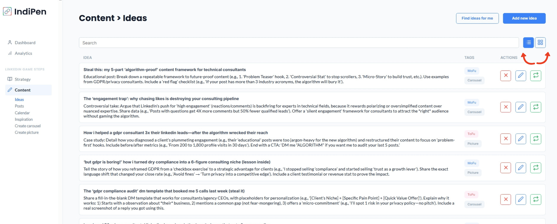 Description of the IndiPen software interface: switching between different views to explore all content ideas in your database.