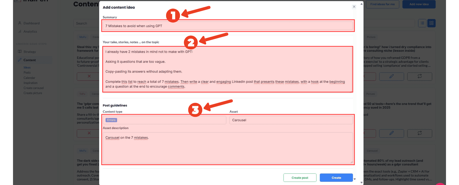 Description of the IndiPen software interface: adding a content idea, describing it in one sentence, adding an opinion, describing the content type.