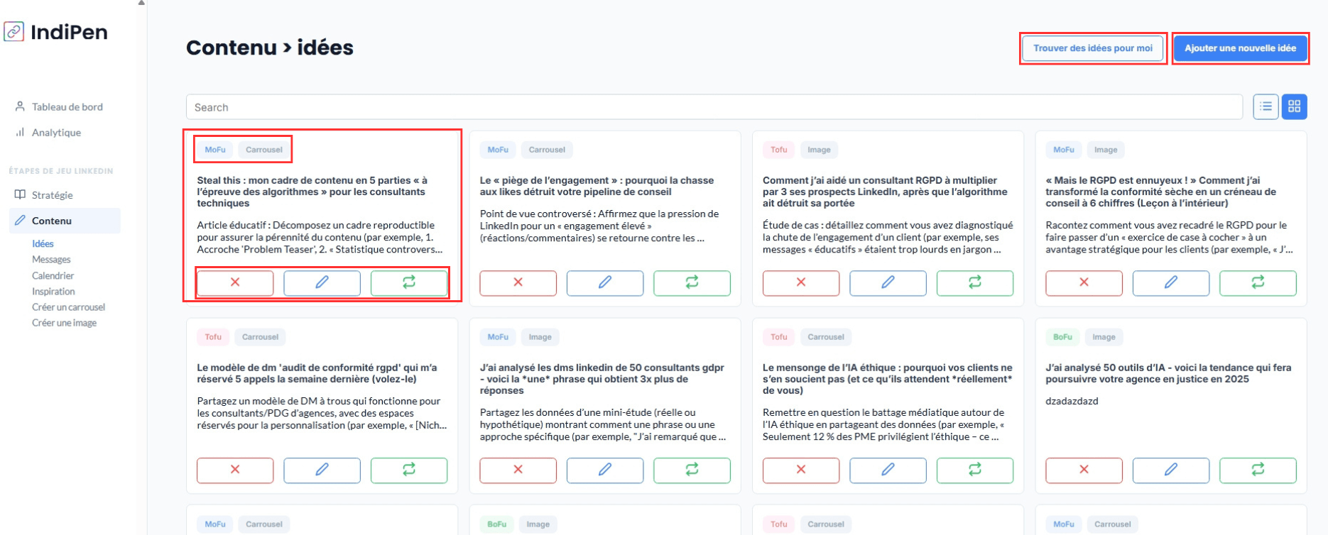 Description de l'interface du logiciel IndiPen : choix des idées de contenu, générer automatiquement des idées avec IndiPen ou rédiger ses propres idées de contenu.