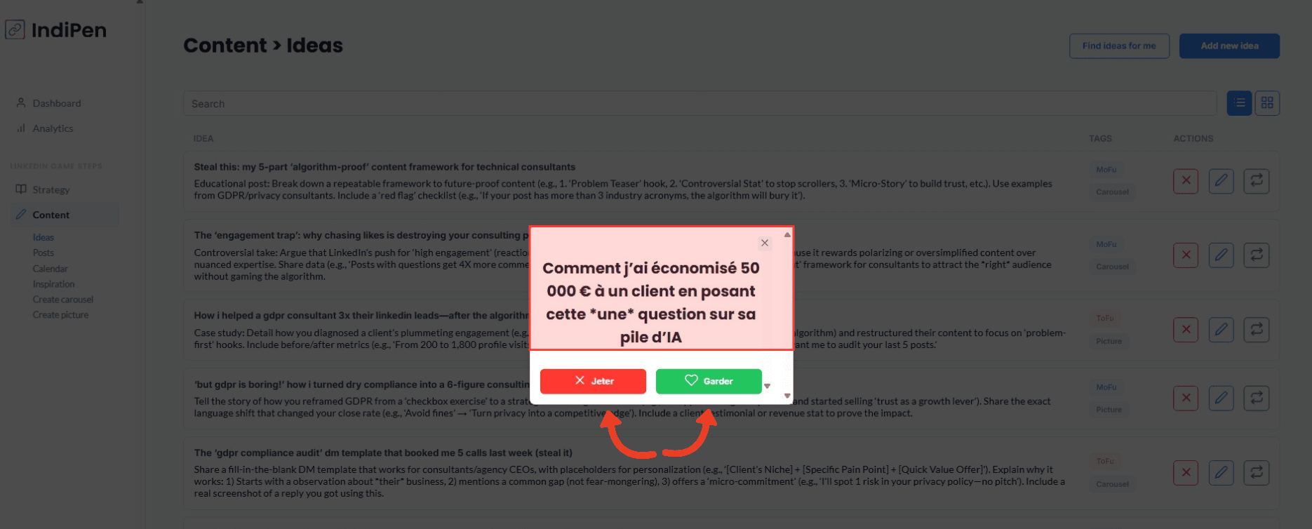 Description de l'interface du logiciel IndiPen : garder ou refuser une idée proposée.
