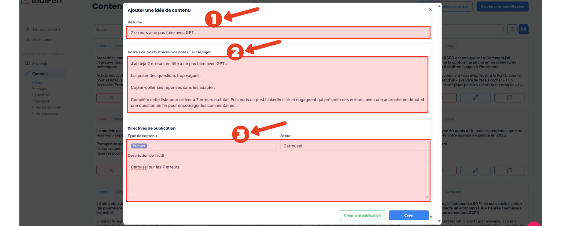 Description de l'interface du logiciel IndiPen : ajouter une idée de contenu, la décrire en une phrase, ajouter un avis, décrire le type de contenu.
