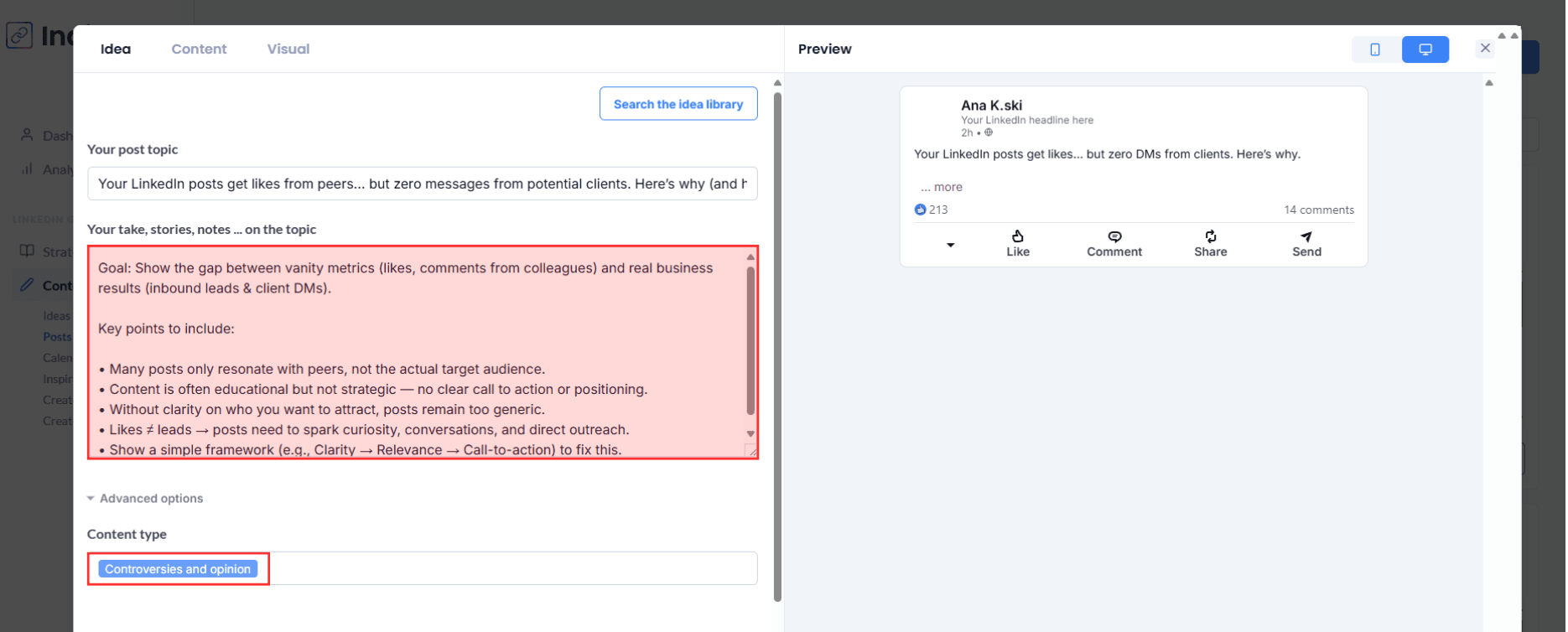 Description of IndiPen’s interface: create a post, add notes, and choose the type of post generated.