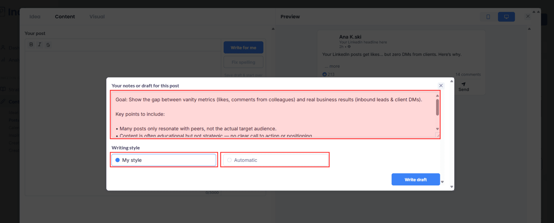 Description of IndiPen’s interface: add notes to refine the type of post generated and choose between “my style” or “automatic” for the writing style.
