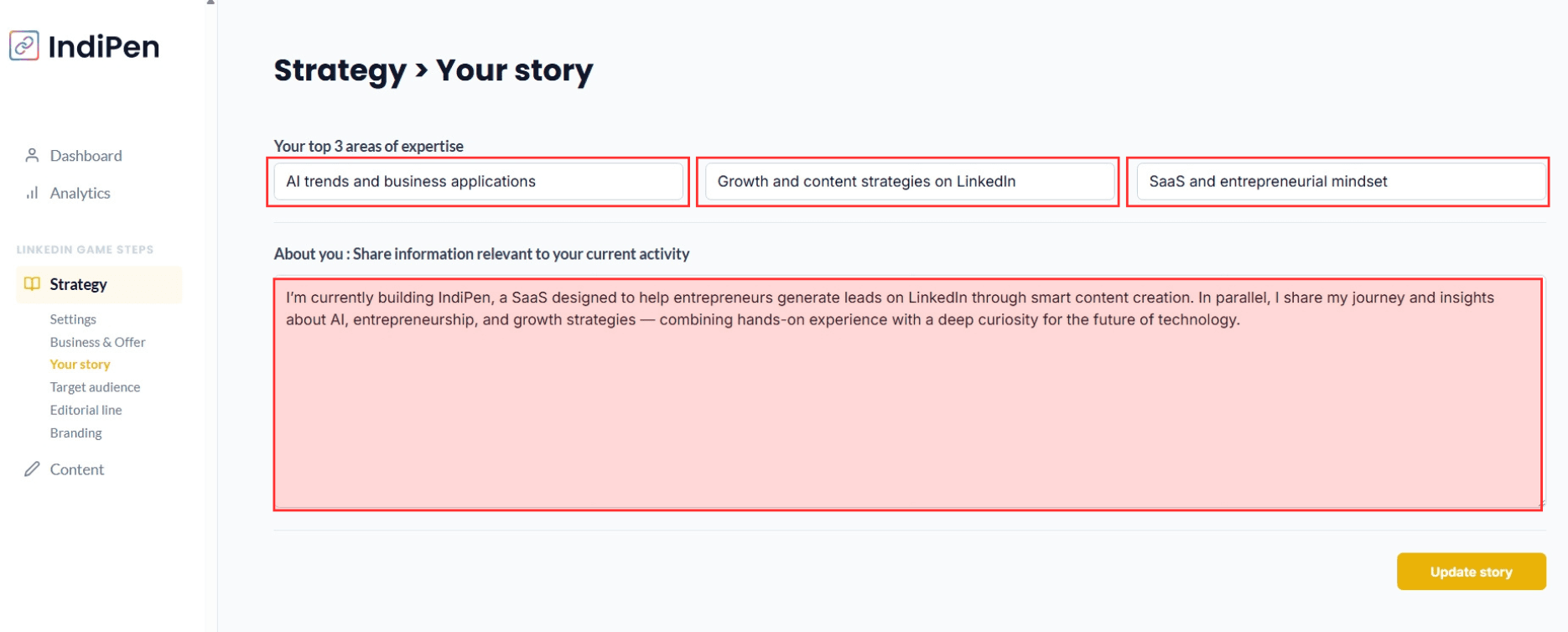 Description of IndiPen’s interface: describe your three main areas of expertise and share your personal journey.
