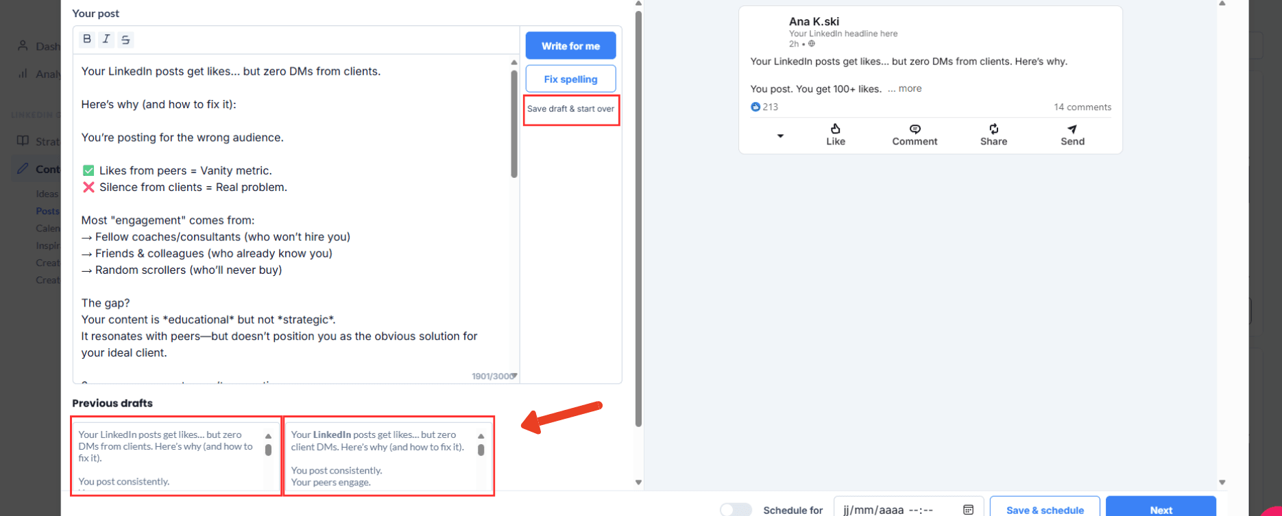 Description of IndiPen’s interface: save your draft, generate other post versions, and access previous generated versions.