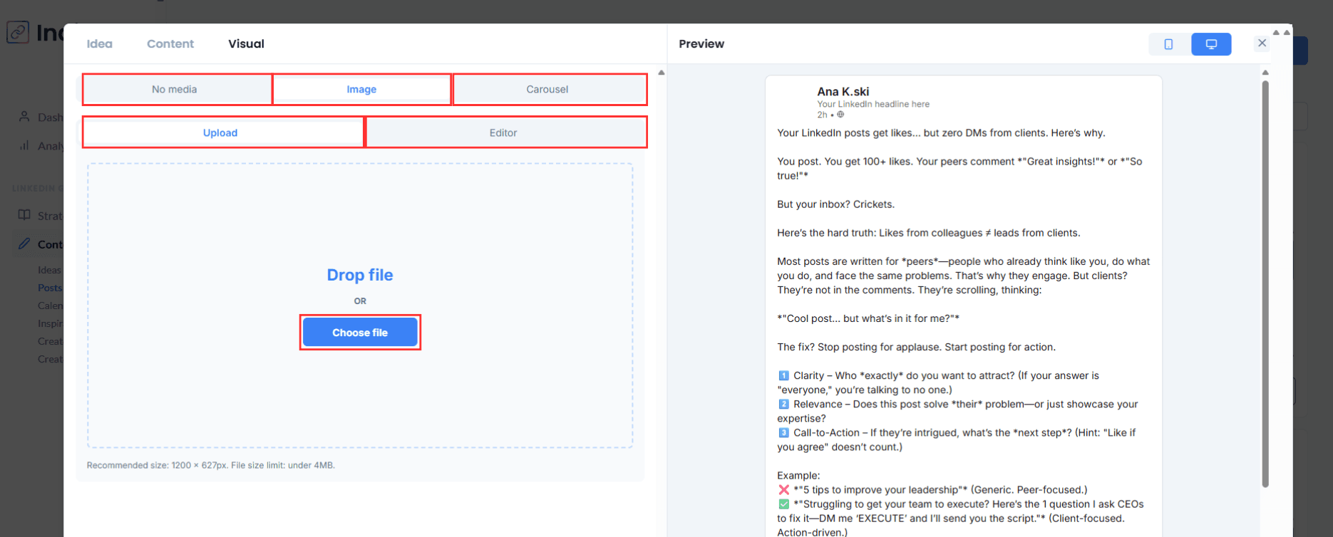 Description of IndiPen’s interface: choose between no media, an image, or a carousel, then integrate them after preparation or edit directly with IndiPen.
