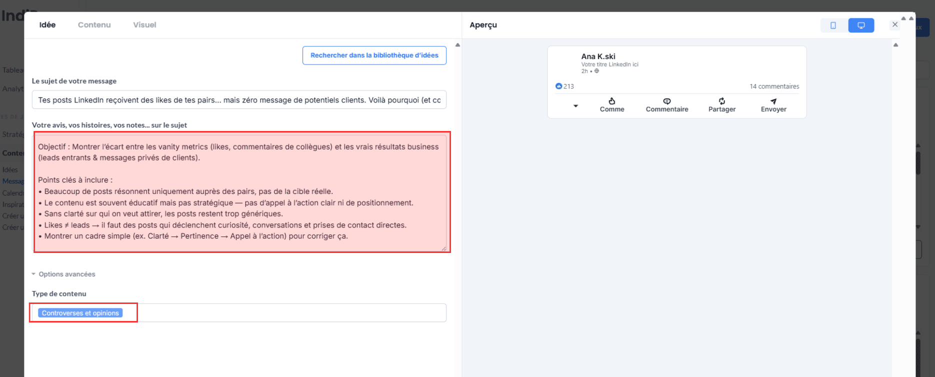 Description de l'interface d’IndiPen : crée un post, ajoute des notes et choisis le type de post généré.