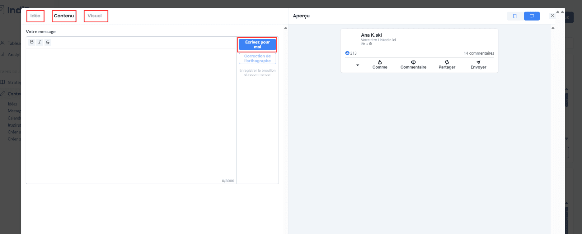 Description de l'interface d’IndiPen : navigue dans le menu (idées, contenu, visuels) et clique sur 