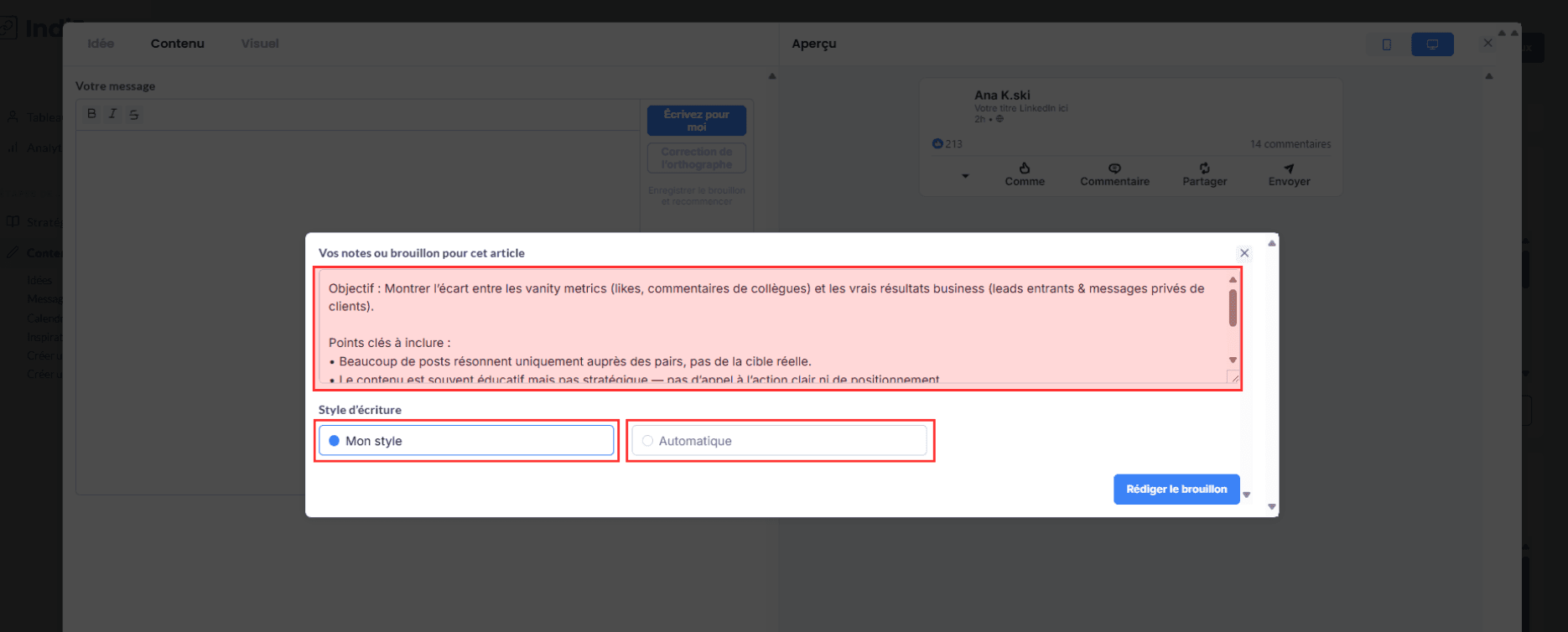 Description de l'interface d’IndiPen : ajoute des notes pour affiner le type de post généré et choisis entre 