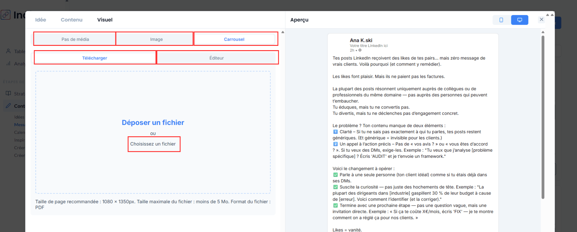 Description de l'interface d’IndiPen : choisis entre aucun média, une image ou un carrousel, puis intègre-les après les avoir préparés ou édite-les directement avec IndiPen.
