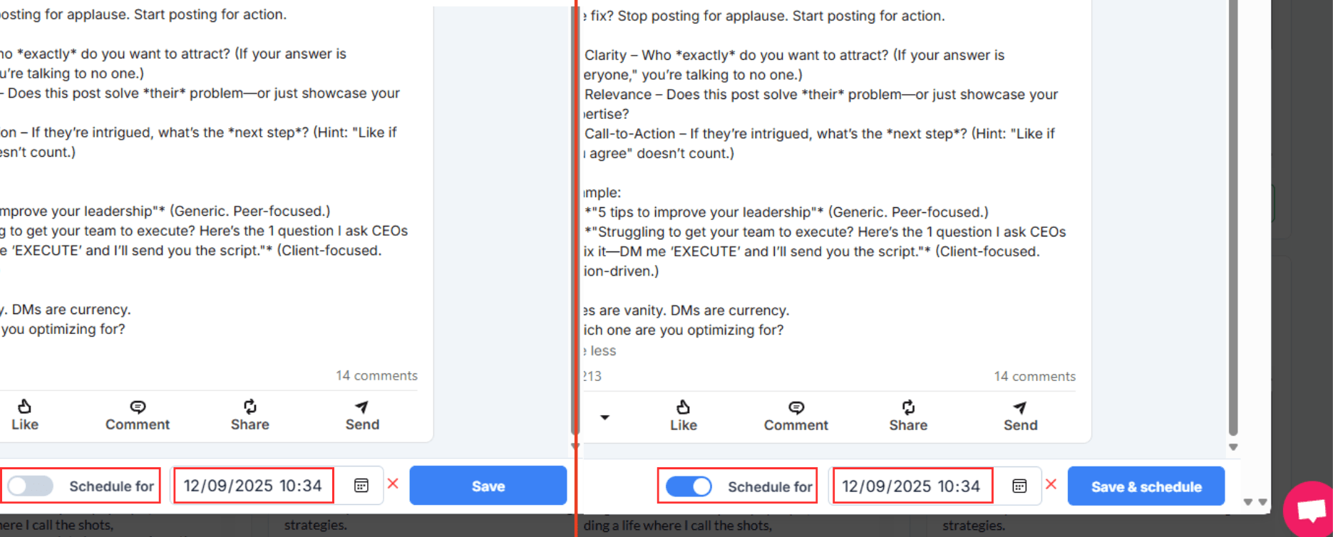 Description of IndiPen’s interface: pick your post’s scheduling date and enable automatic publishing on LinkedIn.