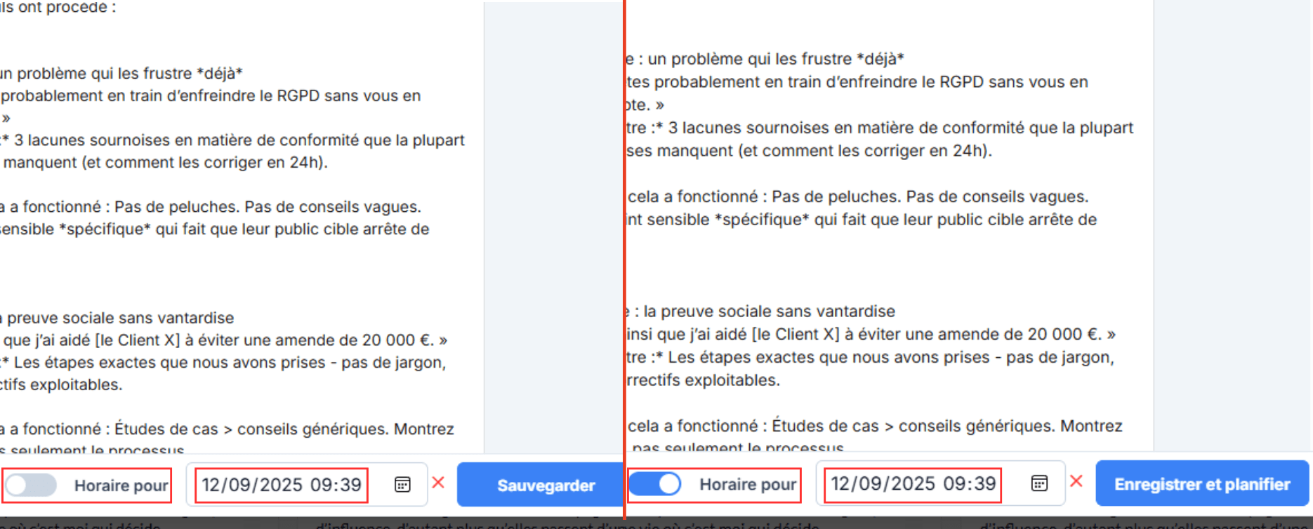 Description de l'interface d’IndiPen : choix de la date de programmation du post et activation de la publication automatique sur LinkedIn