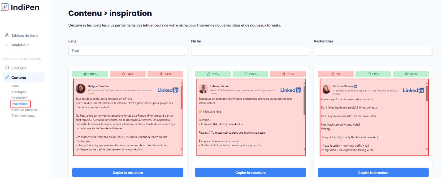 Description of IndiPen’s interface: discover the most viral LinkedIn posts of the moment.