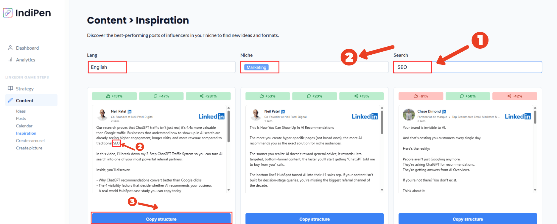 Description of IndiPen’s interface: filter viral posts by language, niche, or precise keywords.