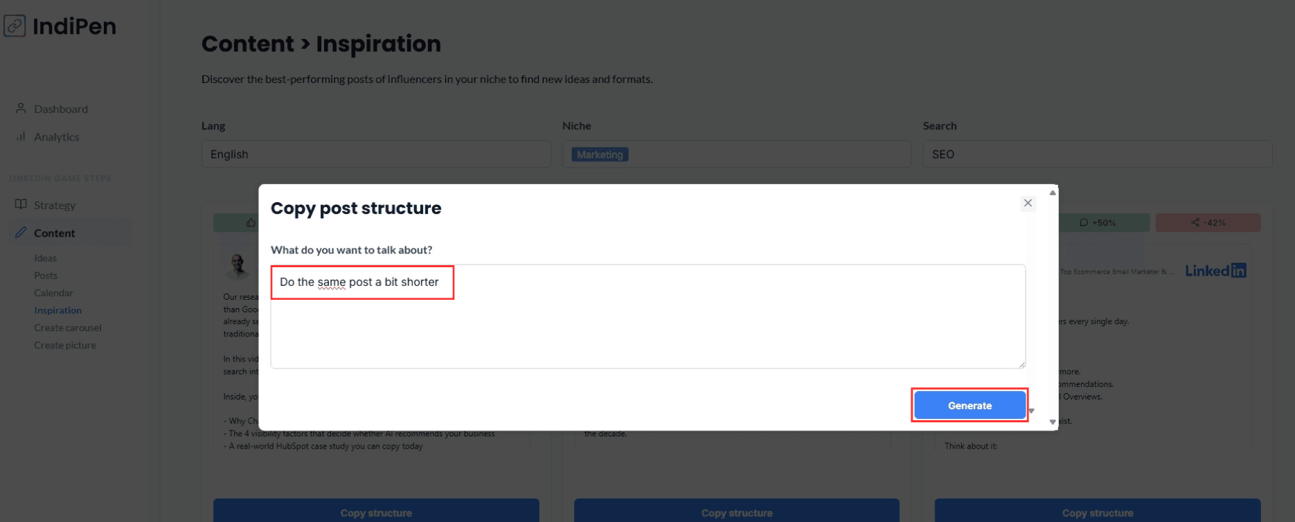 Description of IndiPen’s interface: copy an influencer’s post structure and add a note.