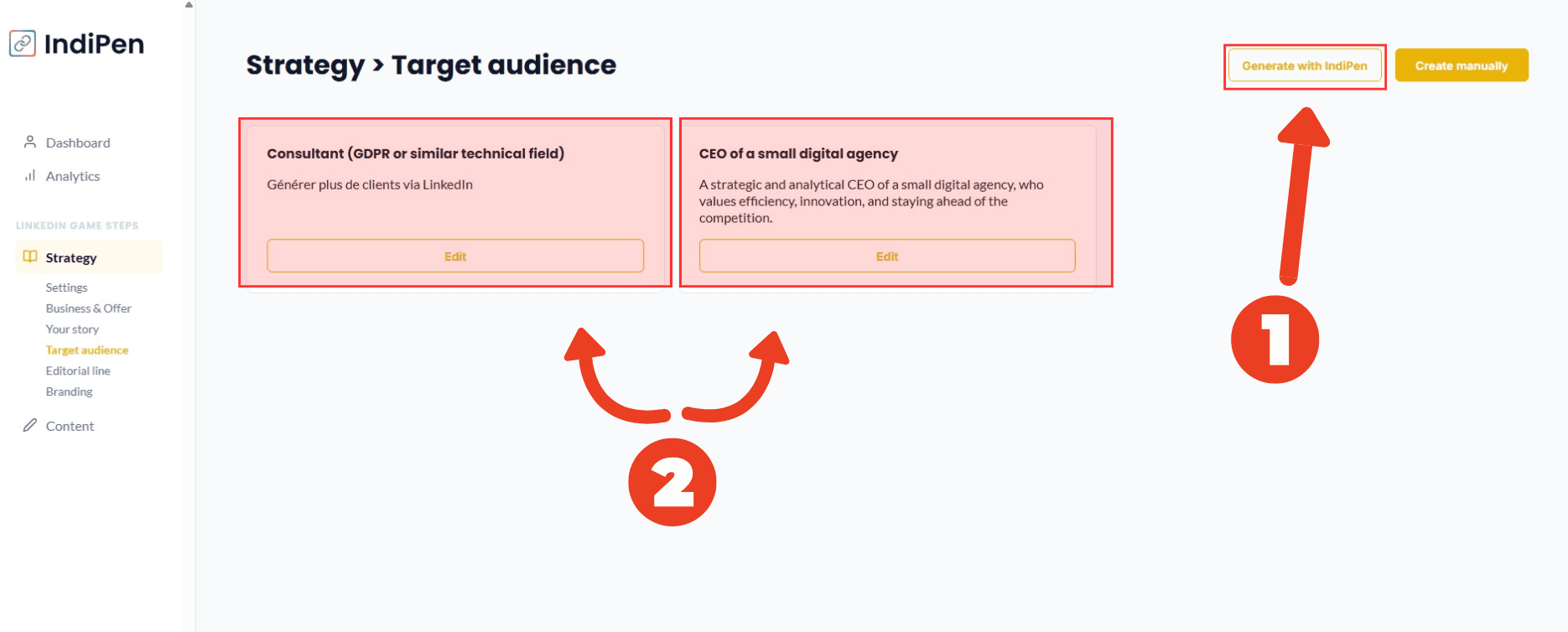 Description of IndiPen’s interface: add personas, generate them with IndiPen, or create them manually.
