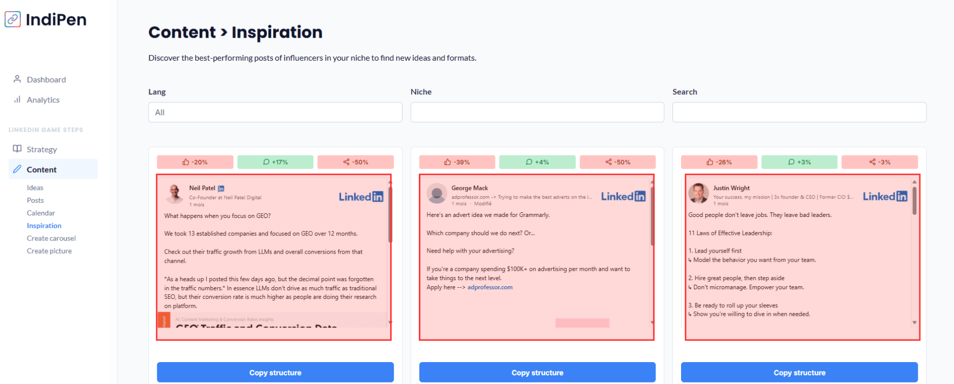Description de l'interface d’IndiPen : découvre les posts les plus viraux du moment sur LinkedIn.