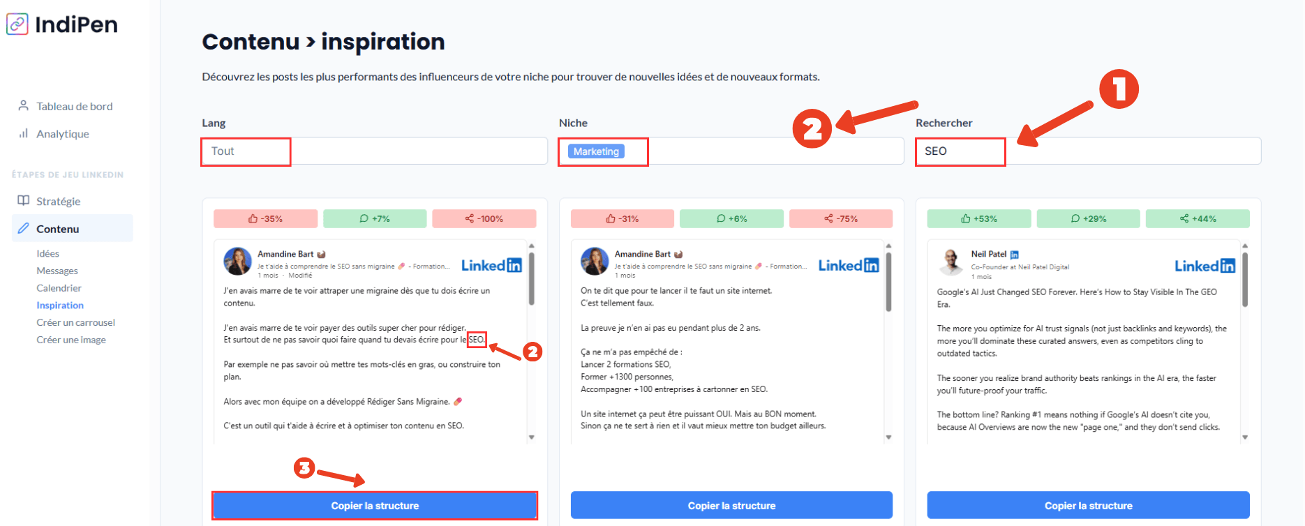 Description de l'interface d’IndiPen : filtre les posts viraux par langue, niche ou même mots-clés bien précis.