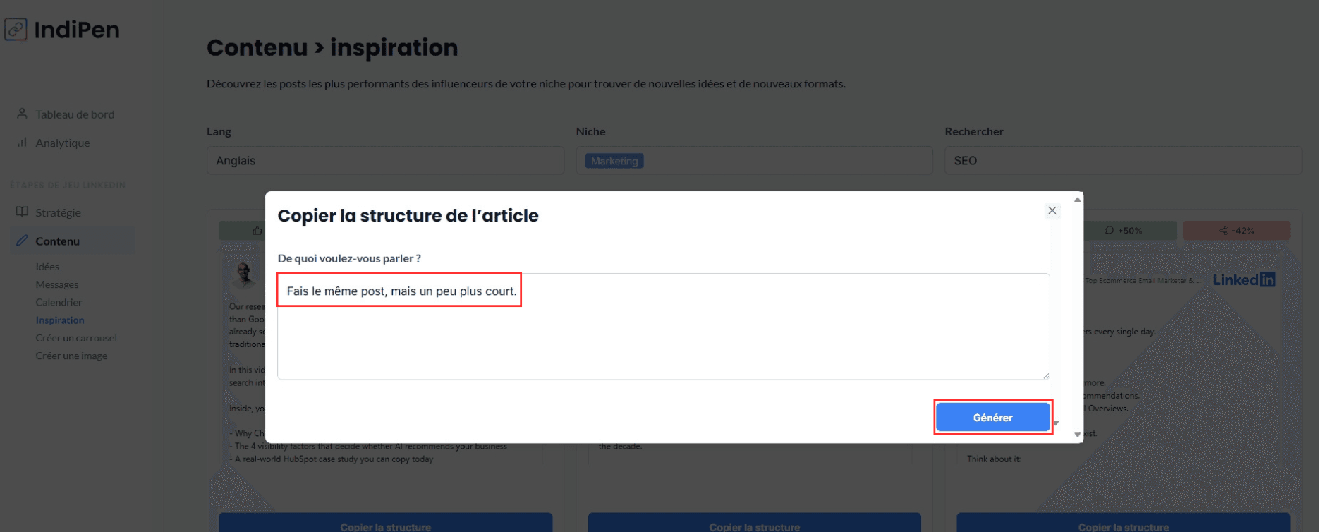 Description de l'interface d’IndiPen : copie la structure d’un post d’un influenceur et ajoute une note.