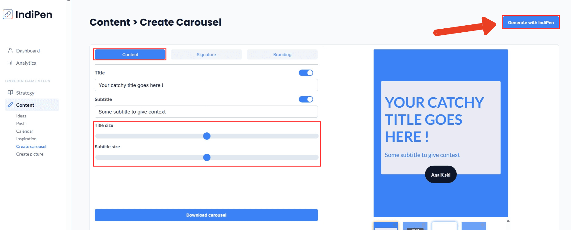 Description of IndiPen’s interface: tweak title and text sizes, and let IndiPen fully generate your carousel.