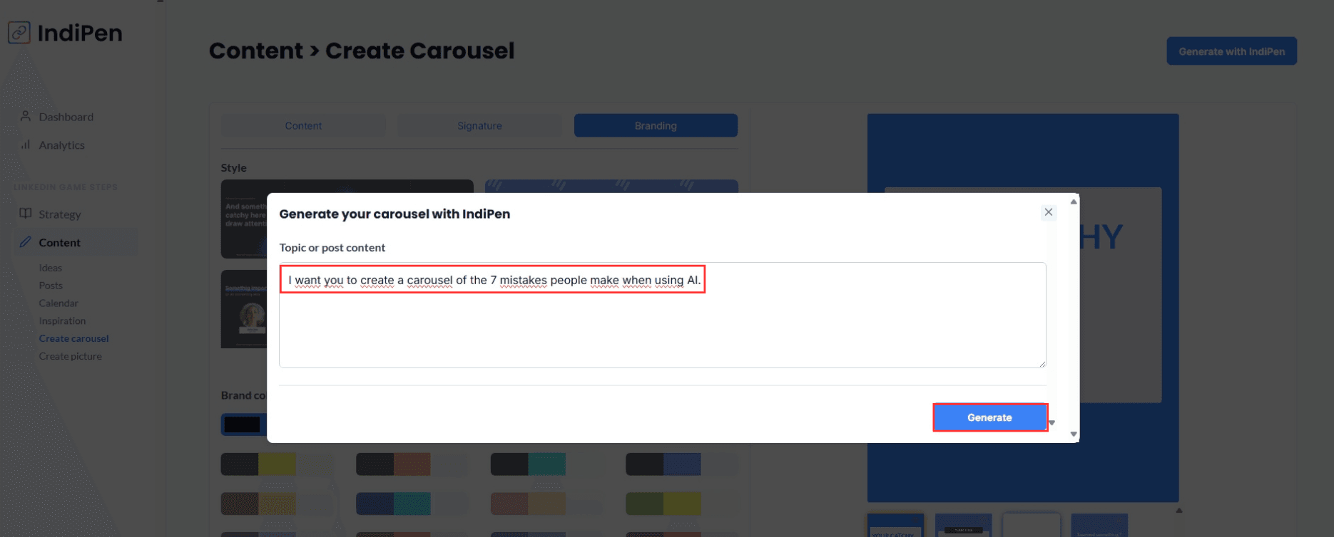 Description of IndiPen’s interface: add a prompt to create a carousel.