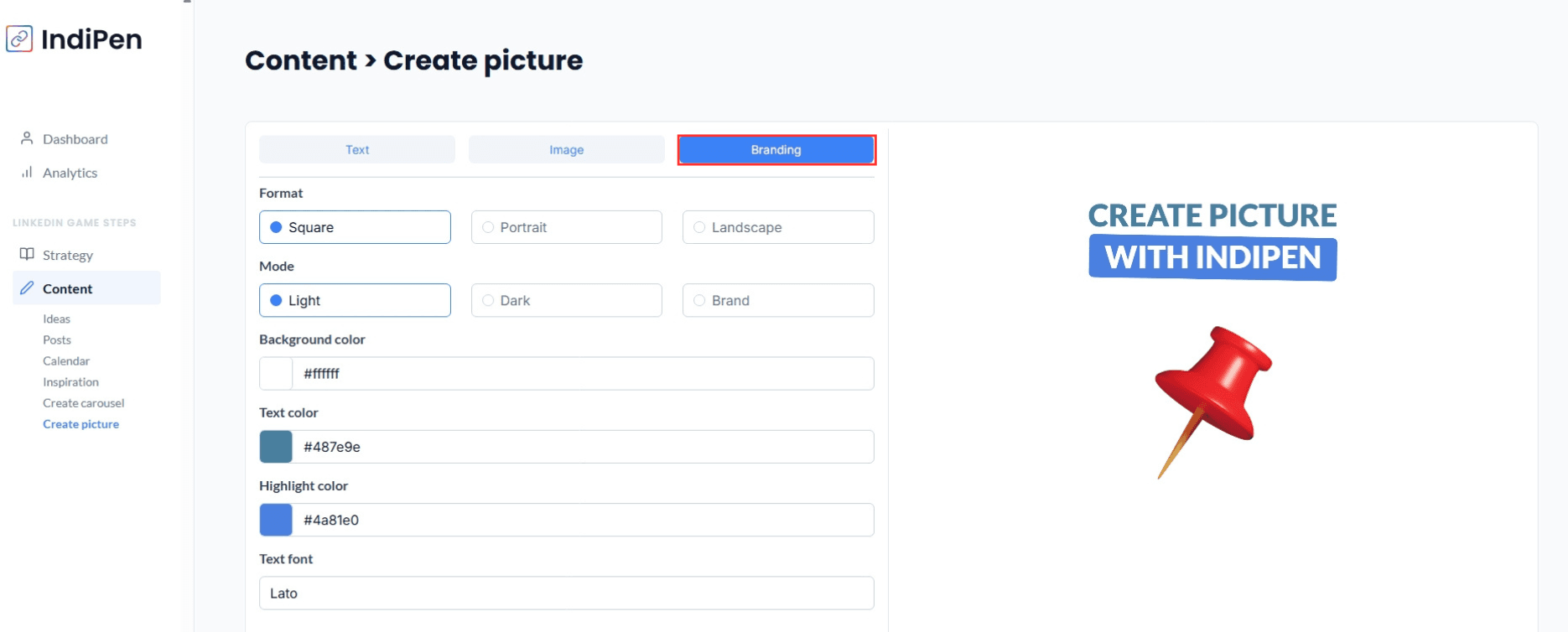 Description of IndiPen’s interface: explore the image tab, configure image generation, and select your preferred branding.