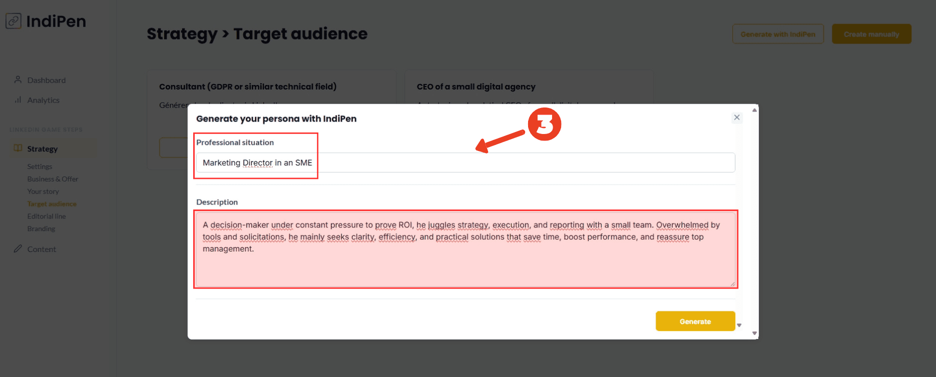 Description of IndiPen’s interface: describe the persona to generate and give it a brief description.