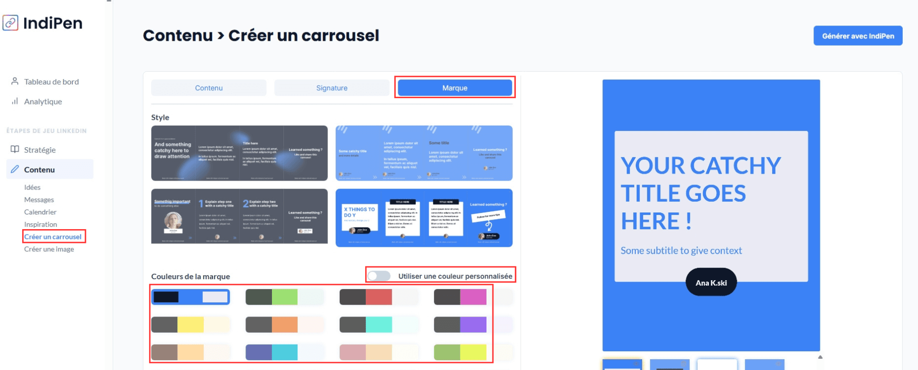 Description de l'interface d’IndiPen : accède à l’onglet création de carrousel, choisis parmi les templates pour créer ton carrousel et utilise les couleurs proposées ou personnalisées.