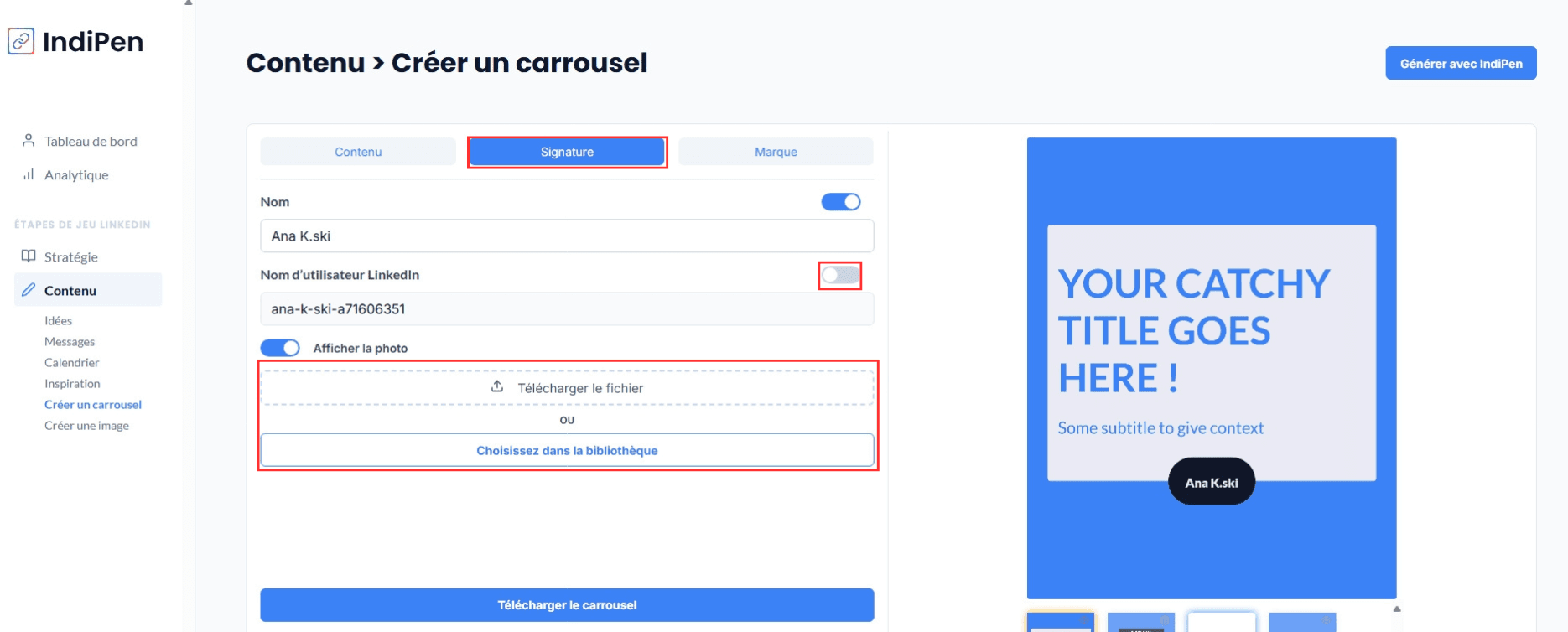 Description de l'interface d’IndiPen : personnalise ta signature et ajoute des images.