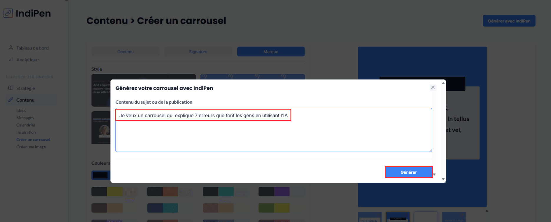 Description de l'interface d’IndiPen : ajoute un prompt pour générer un carrousel.