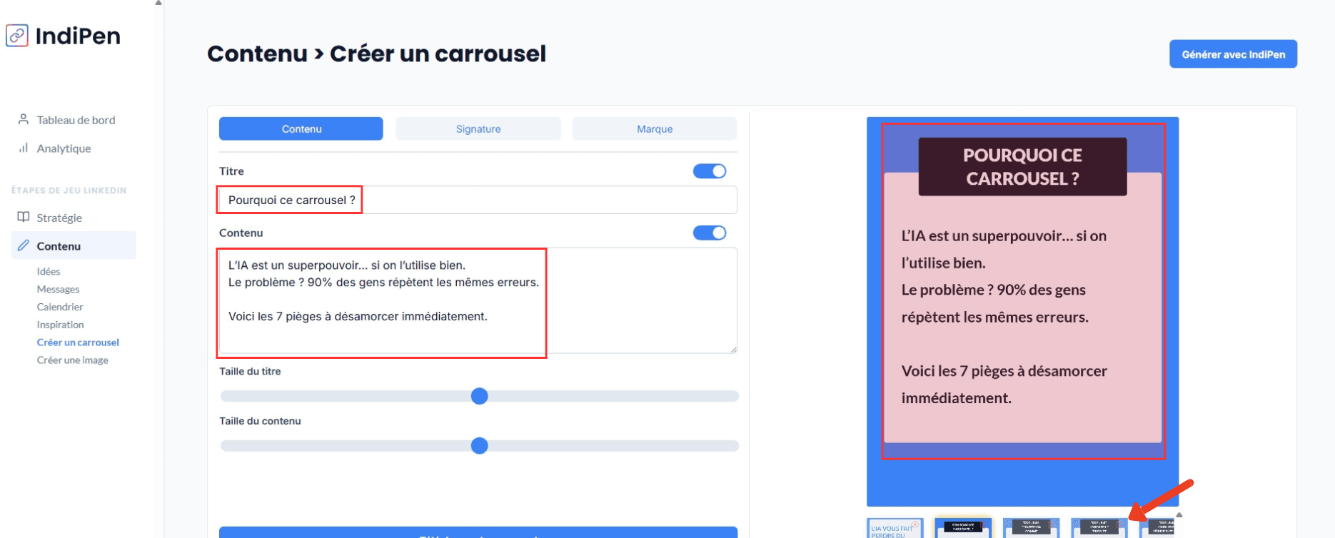 Description de l'interface d’IndiPen : personnalise les champs, modifie les textes, ajoute ou supprime des pages.
