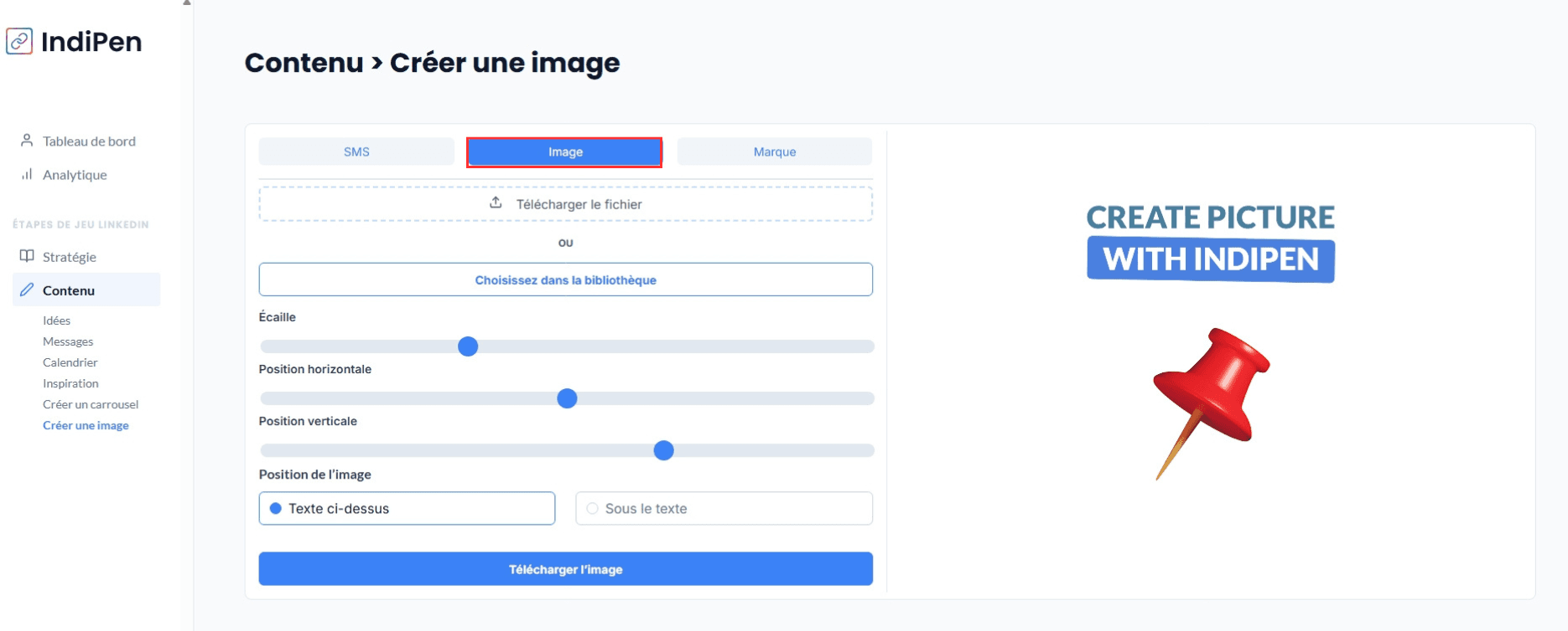 Description de l'interface d’IndiPen : ajuste la taille du texte de tes images.