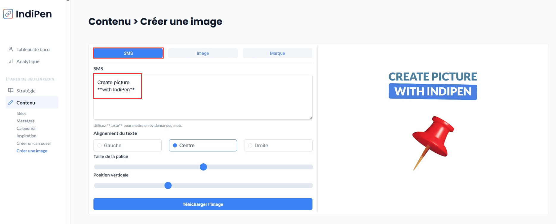 Description de l'interface d’IndiPen : rédige le texte de ton image.