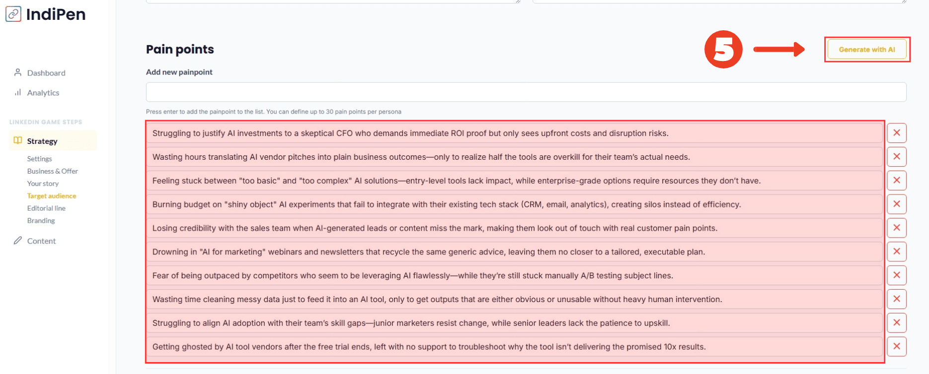 Description of IndiPen’s interface: review your prospects’ challenges.