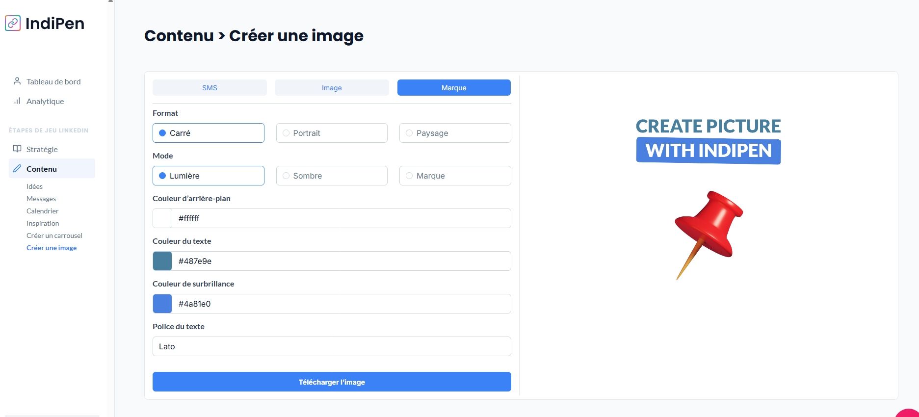 Description de l'interface d’IndiPen : découvre l’onglet image, paramètre la génération d’images et choisis le branding que tu veux.