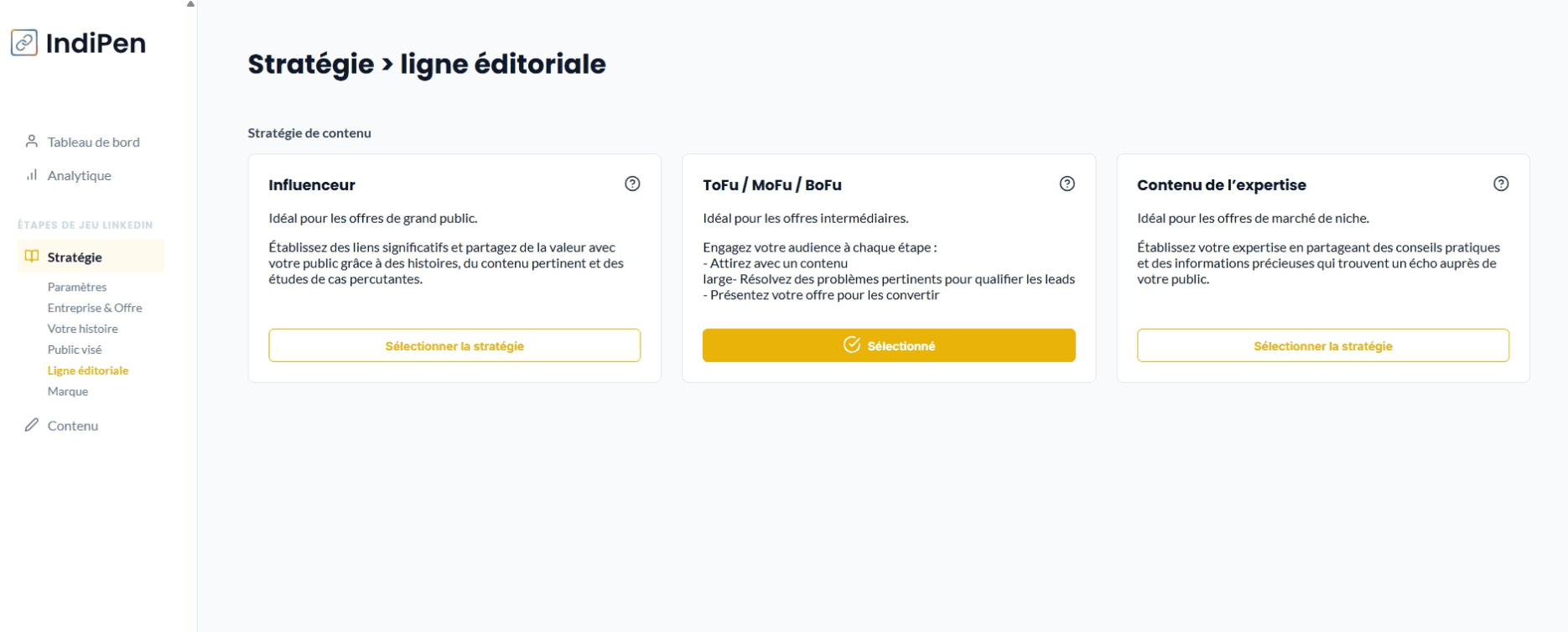 Description de l'interface du logiciel IndiPen, choix de la ligne éditoriale (Influenceur, ToFu/MoFu/BoFu & expertise)